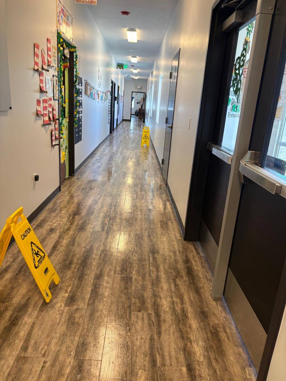 Freshly mopped hallway, clean and streak-free